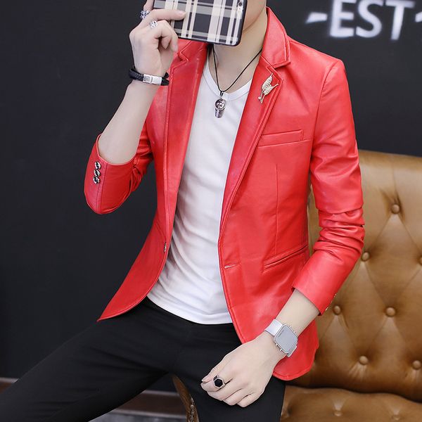 

new men clothing autumn men's suit solid color korean slim casual small suit men's pu leather single men set jacket, Black