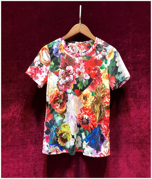 

european and american women's clothing 2020 summer new style fashionable printed hand - made cloth beaded short - sleeve t-shirt, White