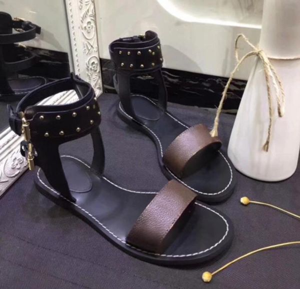 

original l and v heel gladiator sandal 2020 new classic women fashion rivet flat hasp buckle genuine leather beach shoes, Black