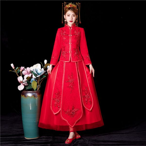 

wedding dress bridal embroidery cheongsam womens elegant toast suits overseas gown traditional china style bride qipao dresses, Red
