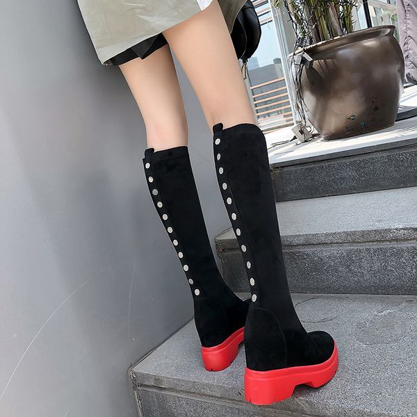 

sarairis brand design suede leather knee high boots women wedges platform shoes autumn winter stretch boots woman, Black