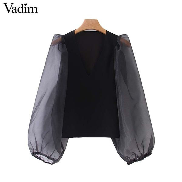 

vadim women v neck blouse patchwork transparent sleeve stretchy shirt female chic stylish blusas lb307, White