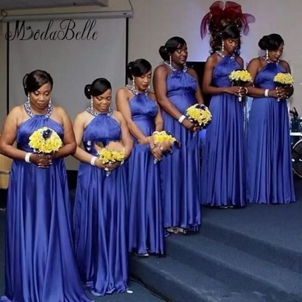 

2019 африканских длинных платьев подружки невесты холтер свадебная одежда для гостей атласная синяя развертка поезд с бисером с открытой спи, White;pink