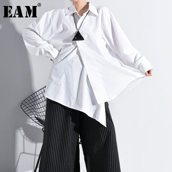 

eam] women black asymmetrical split big size blouse new lapel long sleeve loose fit shirt fashion tide spring autumn 2020 a553, White