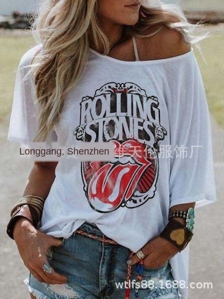 

style 2019 street trendsetter one-line collar loose women's style 2019 street trendsetter one-line collar loose women's t-shirt t, White