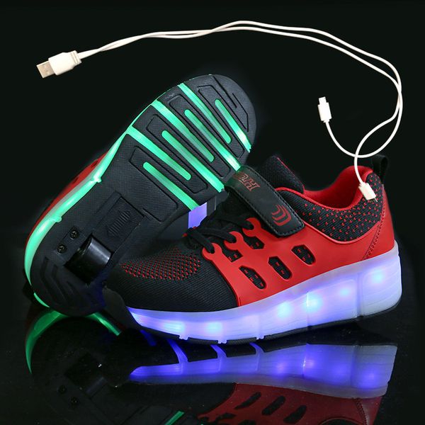 

children one two wheels luminous glowing sneakers gold pink led light roller skate shoes kids led shoes boys girls usb charging, Black