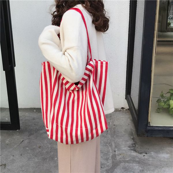 

women big canvas tote female vintage shoulder bag simple cloth shopping bags extra large capacity black red blue stripe colo #25