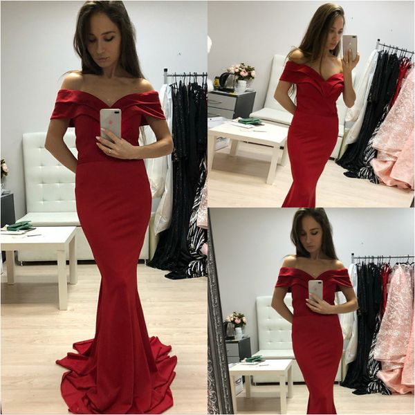 

modest red slim mermaid prom dresses off the shoulder satin long formal evening dress simple women backless pageant wear vestidos festa, Black