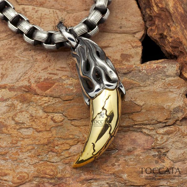 

huge wolf tooth pendant retro carved men's stainless steel necklace ing, Silver