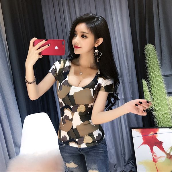 

fashionable women's nightclub u-collar slim short-sleeved t- small shirt shirt, White