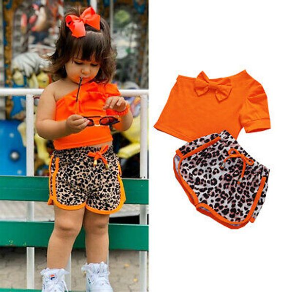 

baby summer clothing toddler kids baby girls clothes one shoulder lantern sleeve shirt leopard shorts bowknot outfit 1-4t, White