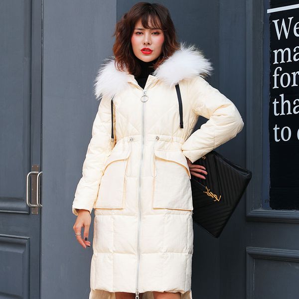 

bg 2019 new winter duck down coat women down jacket big pockets real fur hooded loose oversize j90141310d, Black