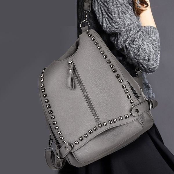

new european and american rivet soft leather shoulder bag washed leather female bag travel backpack bookbag women backpack