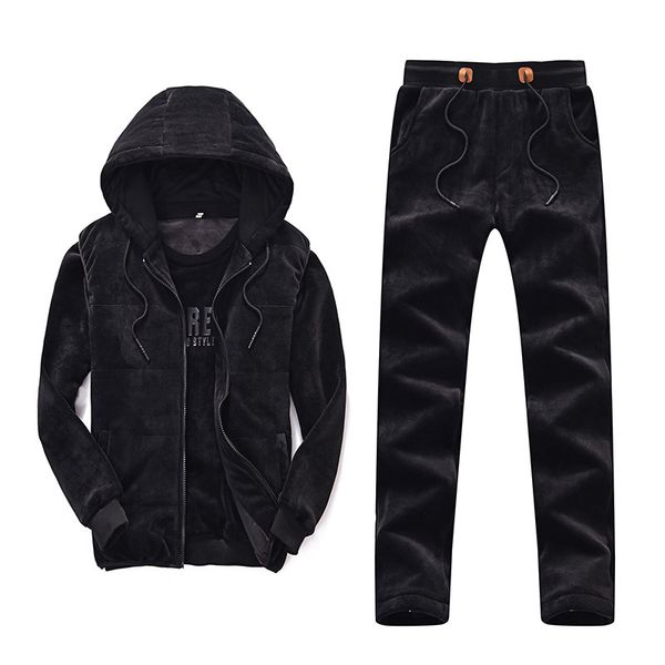 

men's 2018 winter thick sports 3-piece set hooded with velvet jogging running suit keep warm pleche sportswear sport clothing, Black;blue