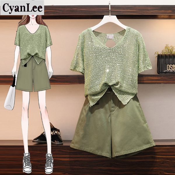 

cyanlee plus size women 3 piece set 2020 summer short sleeve knitted seqined loose back hollow out + high waist shorts set, White