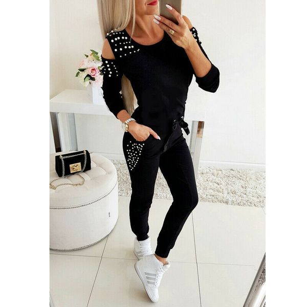 

autumn winter new fashion womens beading long sleeve + pants tracksuit sweatshirt jogger running trainning suit outfits, White;black