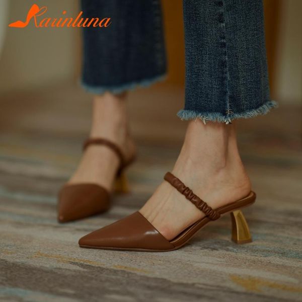 

karin new design 2020 genuine cow leather summer shoes woman pumps mules slip on strange style concise pumps women, Black
