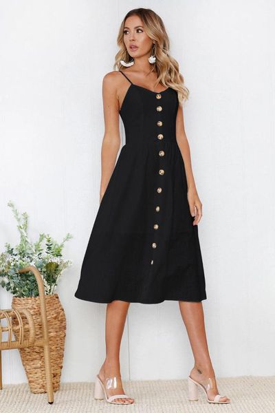 

women summer boho dress casual evening party beach dress sundress summer sleeveless button female vestidos, Black;gray