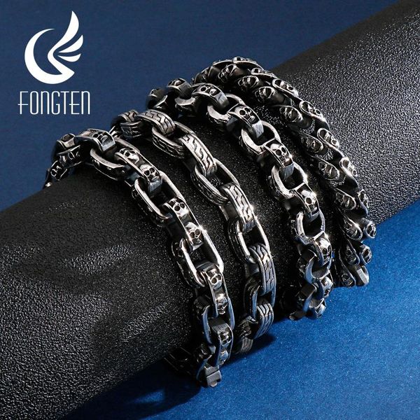 

fongten vintage skull engraved cuff silver bracelet men link chain stainless steel hip hop skeleton head bracelets jewelry, Black