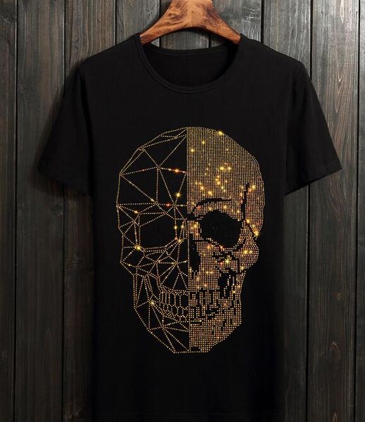 

s-5xl mens skulls o cotton sleeve tee shirt neck short gf slim t rhinestones shirts pchqw, Black