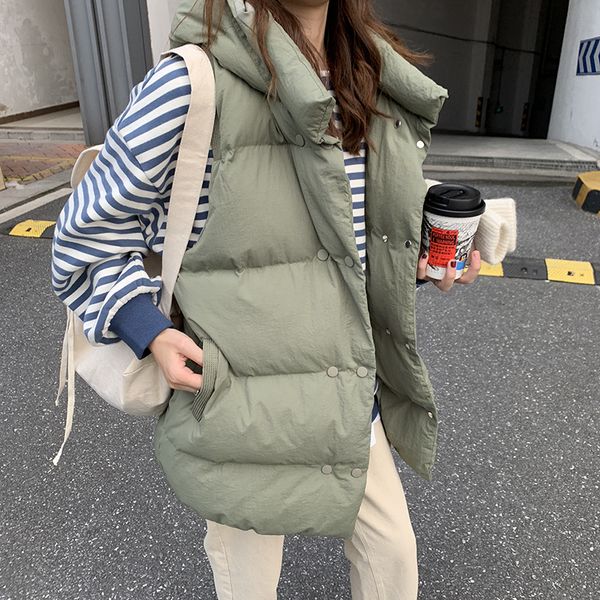 

winter korean cotton vest women's medium long double breasted hooded cotton vest women, Black;white