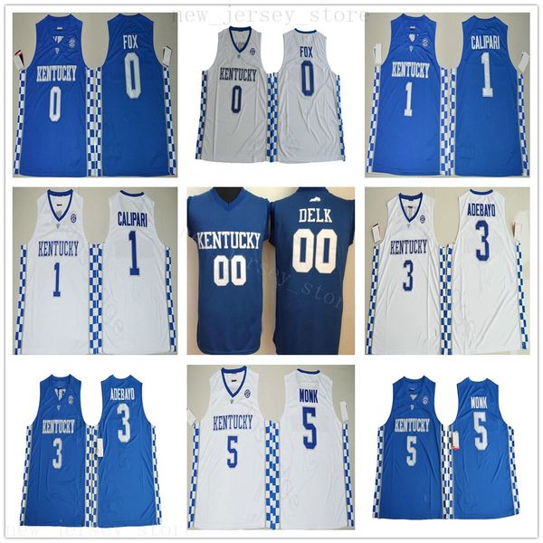 

ncaa college kentucky wildcats jerseys basketball 0 deaaron fox 1 john calipari 3 edrice adebayo 5 malik monk 00 delk blue white jerseys, Black