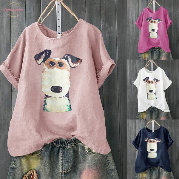 

2020 tshirt women harajuku casual plus size dog loose linen button tunic poleras camiseta mujer women t shirt, White