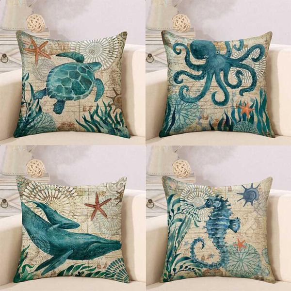 45x45cm Home Kissenbezüge Leinen Sofa Kissenbezug einseitiger Druck Marine Meeresschildkröte Seepferdchen Wal Oktopus DH0569