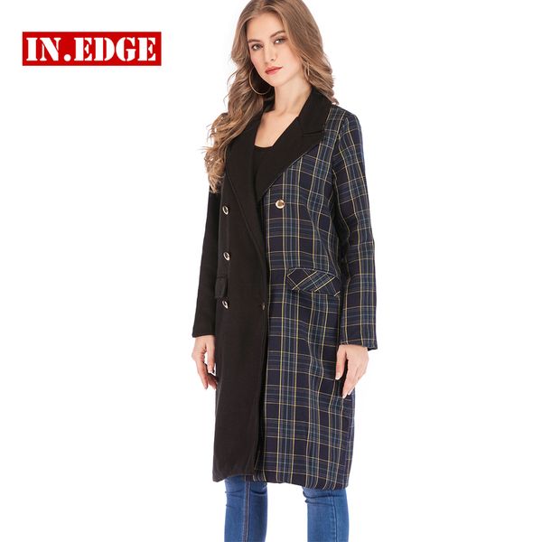 

women black patchwork plaid long coat jackets winter elegant wool blends pocket slim wide waisted outerwear female windbreaker