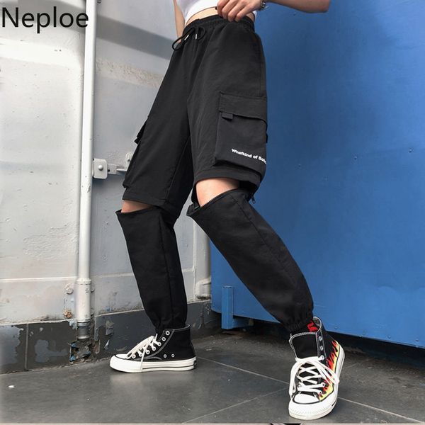 

neploe korean harajuku women cargo pants letters pockets lace up high waist trousers spring zipper hollow-out harem pants 1a327, Black;white