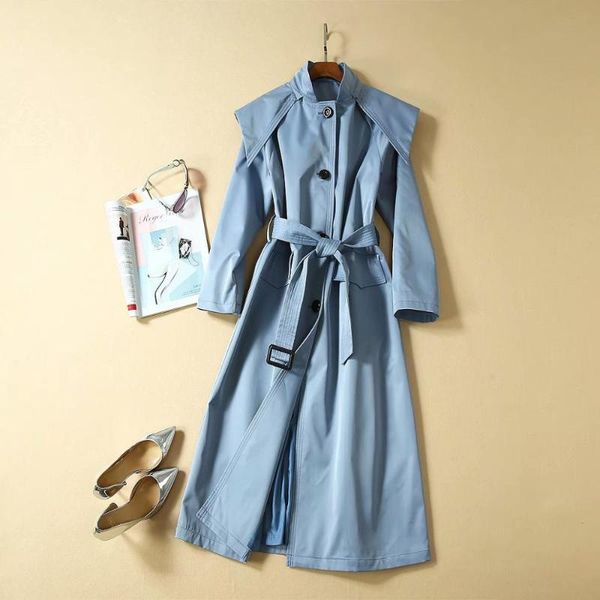 

autumn 2019 new european and american women's wear long sleeve hooded fashion lace-up single-breasted trench coat, Tan;black