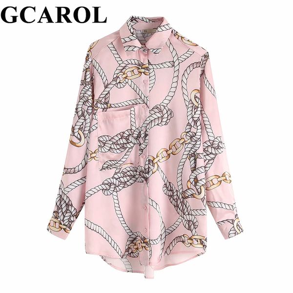 

gcarol 2019 spring chain floral print blouse asymmetric length casual long shirts with one pocket streetwear elegant, White
