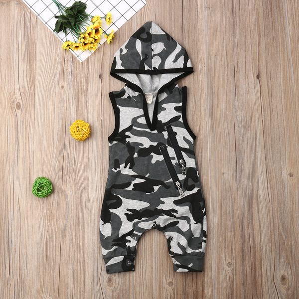 

summer newborn baby boy sleeveless clothes camo hooded romper jumpsuit outfit, Blue