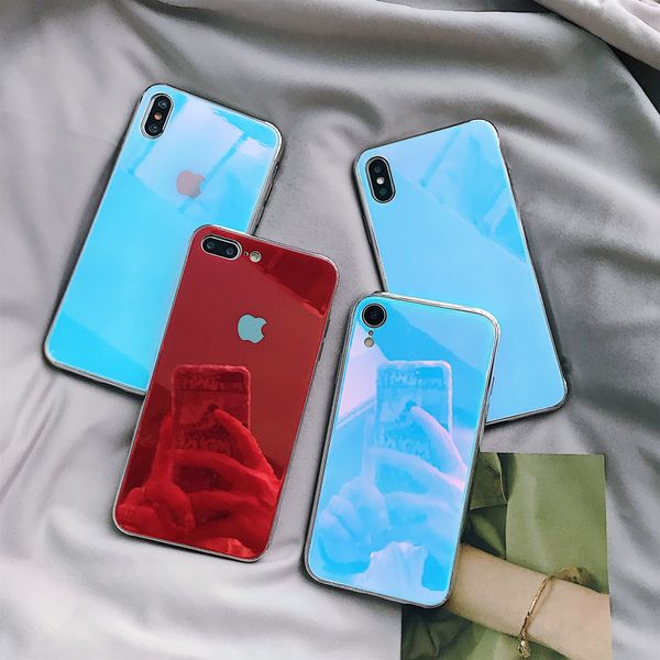 

Закаленное стекло чехол для iPhone XS XR 7 8 X 6 6S Plus градиентный цвет синий луч Aurora кожа з