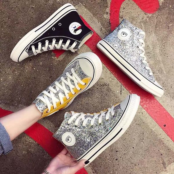 

chuck sequins 1970s x chiara ferragni high black yellow canvas casual shoes fashion luxury designers sneakers glitter/silver trainers 11220