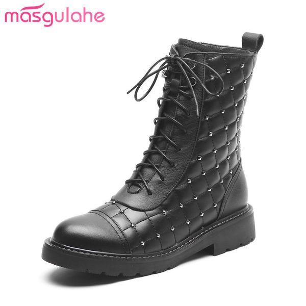 

masgulahe riding boots 2020 autumn fashion women ankle boots prevail round toe dress shoes ladies genuine leather, Black