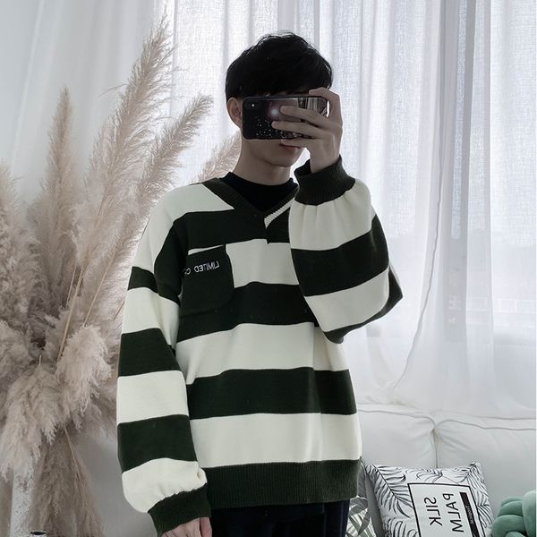 

2019 autumn fashion new clothes lazy wind harajuku korean version of the loose contrast color striped knit sweater male, White;black