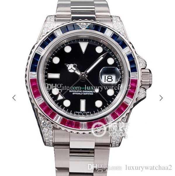 

new18k gold luxury watch gmt mechanical automatic diamond black blue ceramic bezel 116759 116758 116718 stainless steel mens wristwatch, Slivery;brown