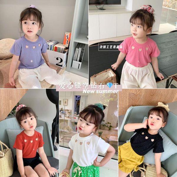 

toddler girls short sleeve diamond glitter love hollow t shirts 2020 summer new fashion solid color causal clothes, Blue