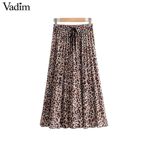 

women stylish leopard print pleated skirt faldas mujer drawstring tie elastic waist ladies casual mid calf skirts, Black