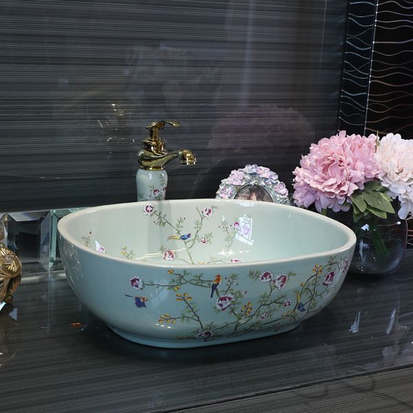 Pintura Artística Flores pássaro Porcelain Art bancada Washnasin Cerâmica Casa de Banho Vessel Sinks Vanities chinese lavagem oval bacia