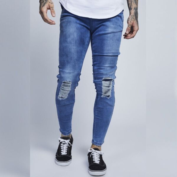 

men's jeans 2021 fashion ripped jeand skinny biker destroyed frayed designed pencil pants men slim fit denim, Blue