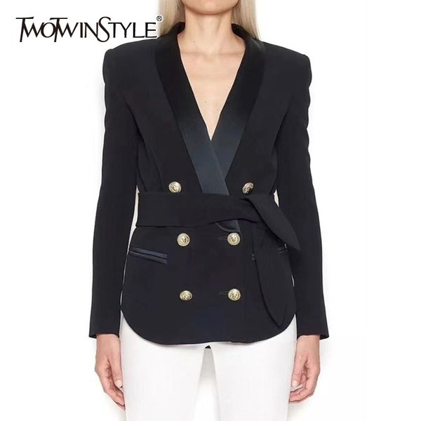 

twotwinstyle elegant autumn women's blazer notched collar long sleeve lace up slim button zipper coats female 2019 fashion new, White;black