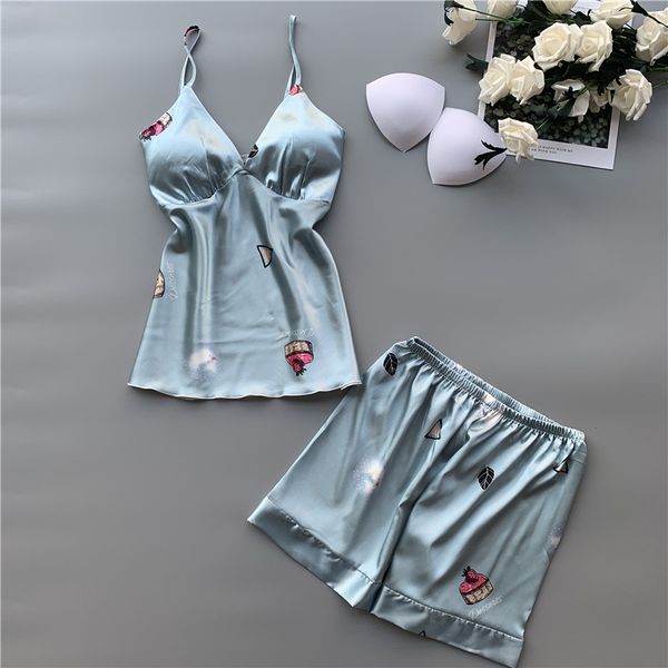 Großhandels-Sommer-Pyjama-Frauen-Satin-Pyjama-Sets mit Shorts Blumendruck ärmellose Seide Nachtwäsche Pijama Mujer weibliche Nightsuits