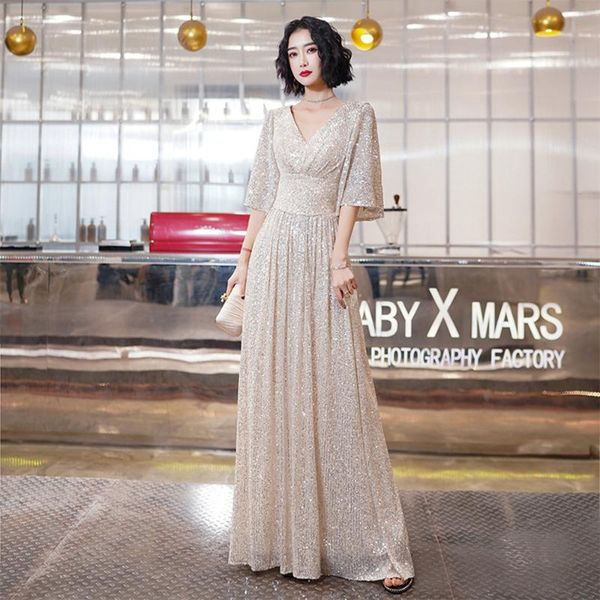 

party dresses evening dress long pagoda sleeve sequin formal a-line v-neck prom high-waist elegant robe de soriee champagne, White;black