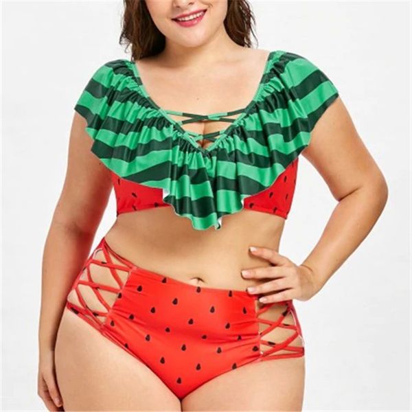 

plus size women swimsuit 2019 watermelon print swimsuit ruffle high waist bikinis women push up 2 pcs beachwear swimming suit, White;black