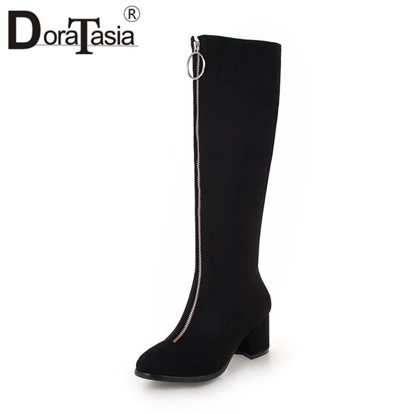 

doratasia 2019 spring new brand women zipper knee high boots ladies plus size 34-45 black high wide heels shoes woman