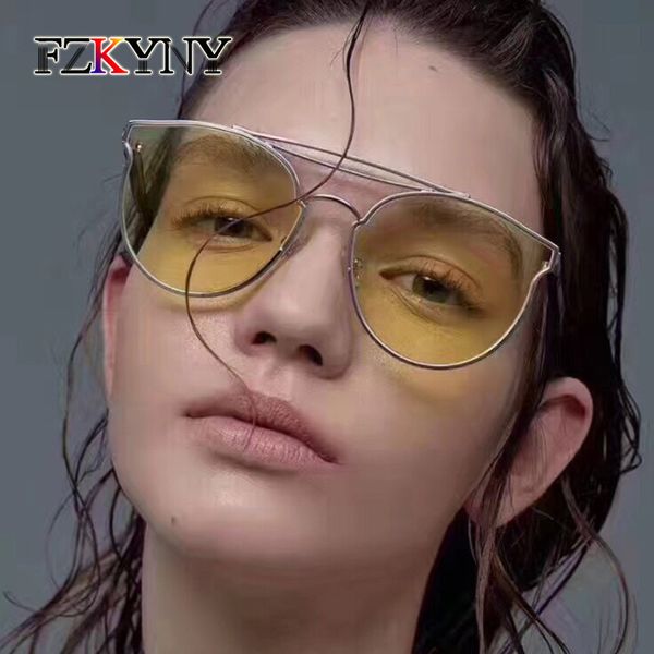 

fzkyny fashion decoration sunglasses women men brand designer classic double bridge sunglasses metal frame yellow lens eyewear, White;black