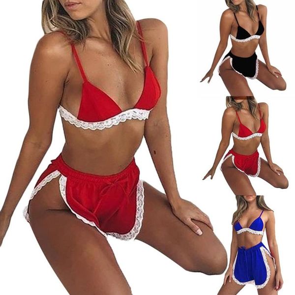 

o lingerie women's v-neck lace sleeveless solid color sling pajama set sleepwear black red blue, Red;black