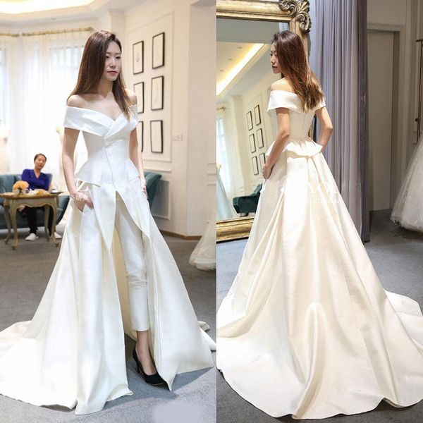 

2020 two pieces jumpsuits country wedding dresses off shoulder peplum satin overskirt high split wedding dress vestido de novia, White